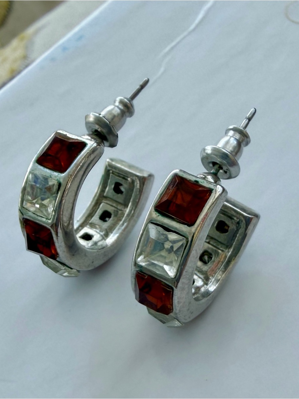 Silver Hoop Earrings with Brown and Clear Square Gemstones